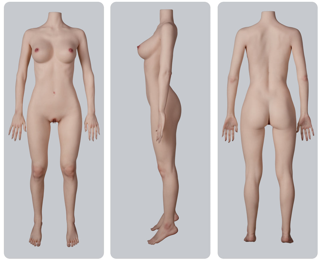 Sexpuppe, stehend, drei Ansichten.