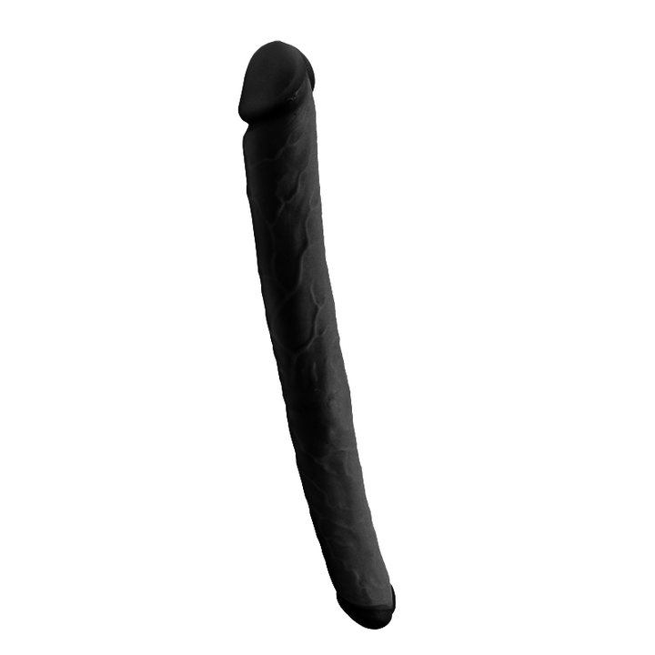 Schwarzer Dildo vor weißem Hintergrund