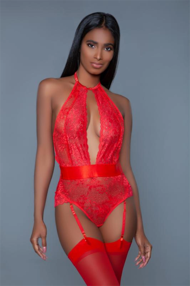 Ophelia Straps-Bodysuit aus Spitze - Rot