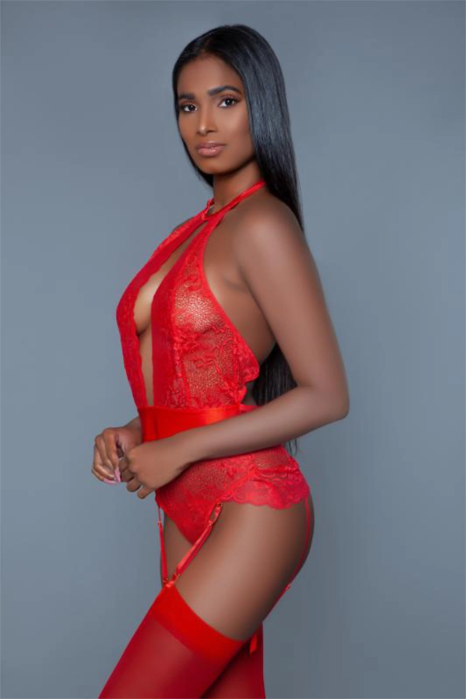 Ophelia Straps-Bodysuit aus Spitze - Rot