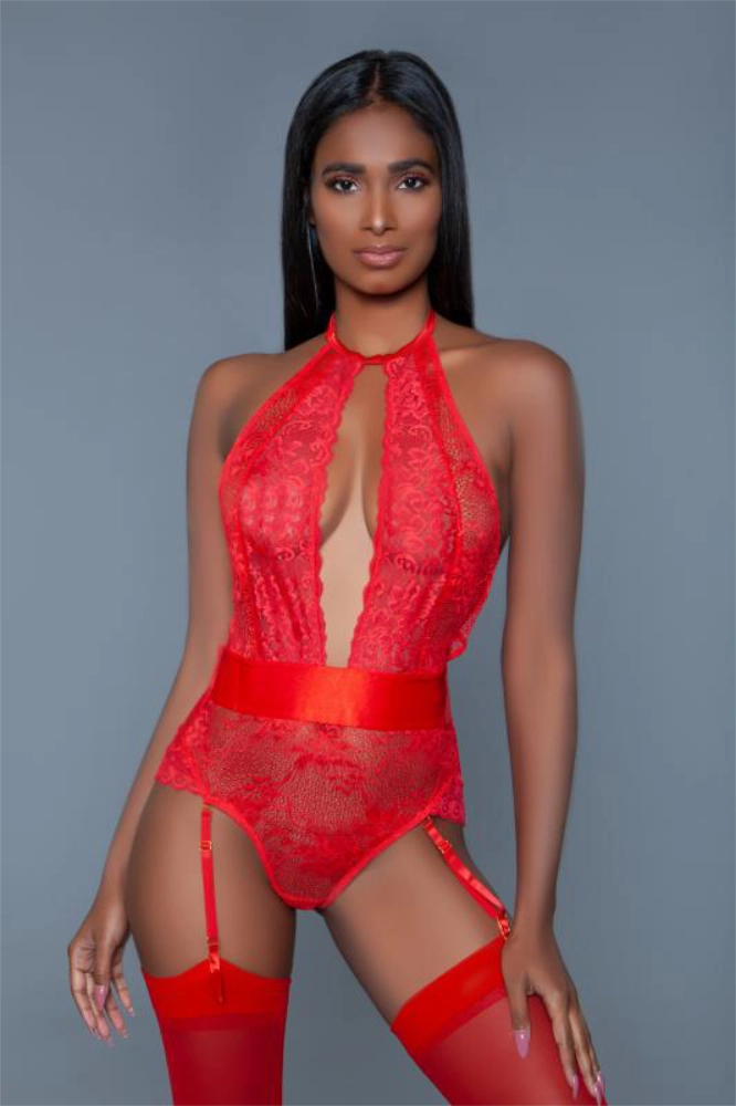 Ophelia Straps-Bodysuit aus Spitze - Rot