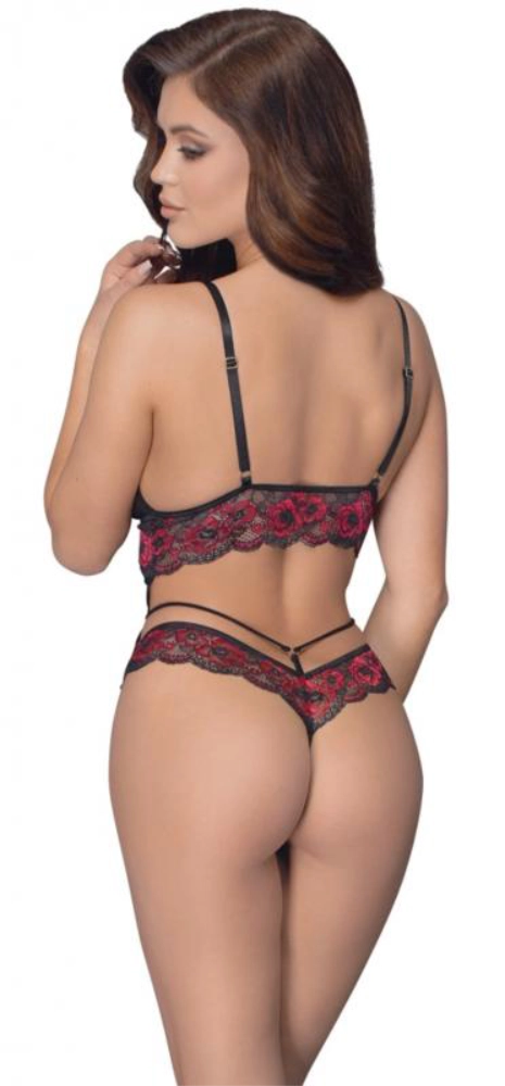 Spitzen-String-Bodysuit im Schritt - Schwarz/Rot