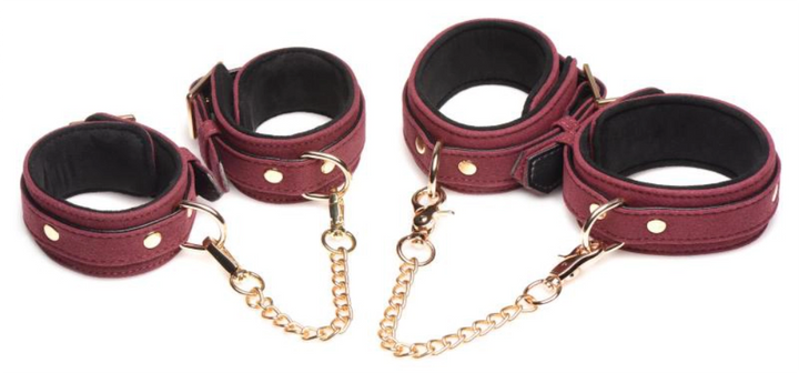 6-teiliges BDSM-Wildleder-Fessel-Set mit Halsband und Riemen - Burgandy