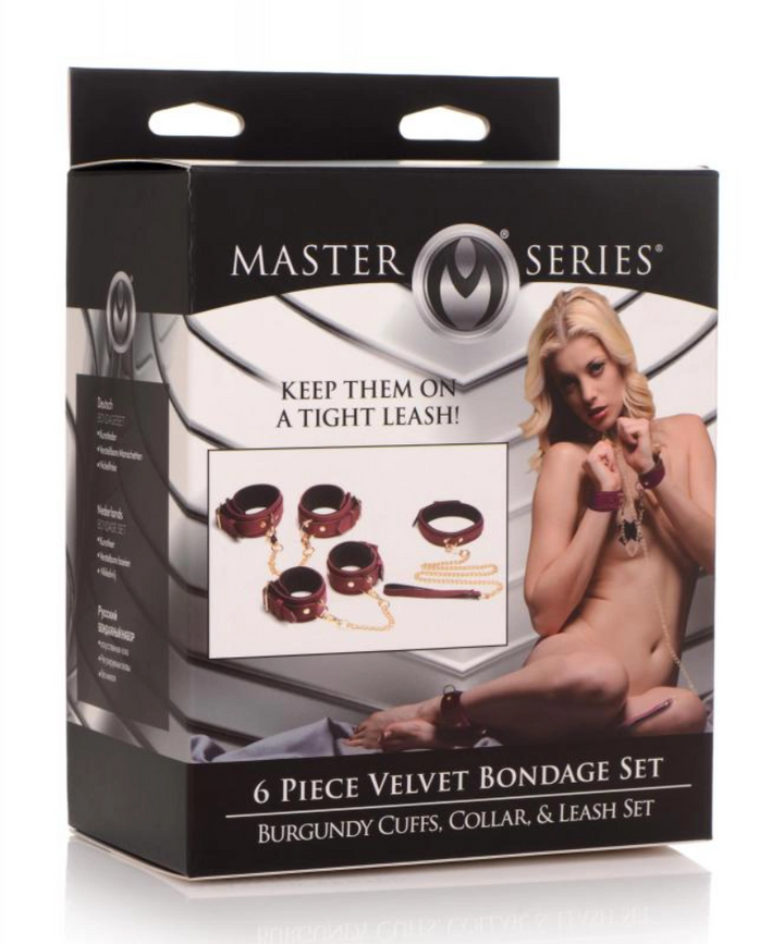 6-teiliges BDSM-Wildleder-Fessel-Set mit Halsband und Riemen - Burgandy