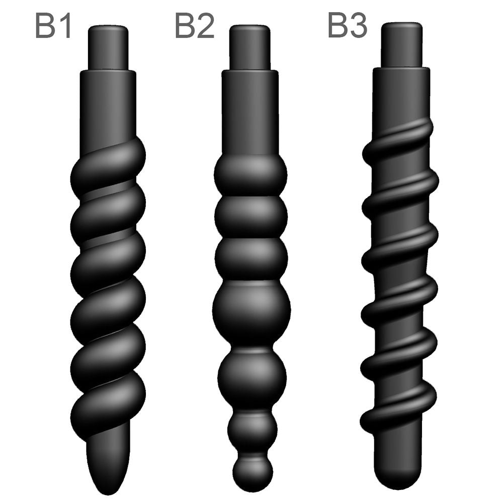 Drei schwarze, spiralförmige Dildos