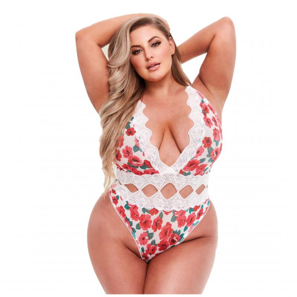 Baci - Weißer String-Spitzen-Bodysuit mit Blumenmuster - Für Kurven