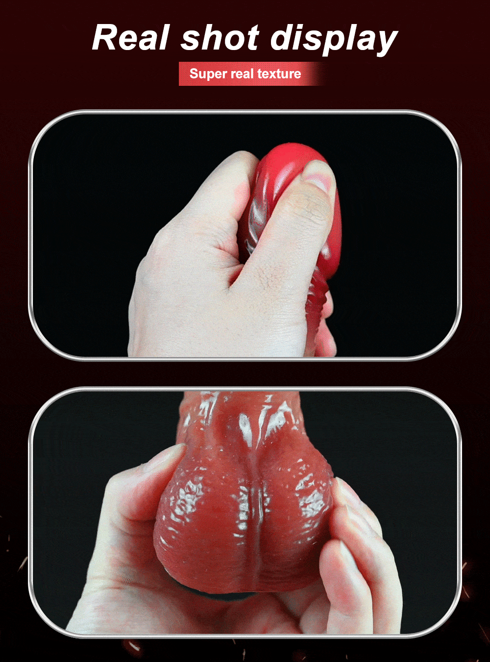 Hand hält rote Silikonpuppe