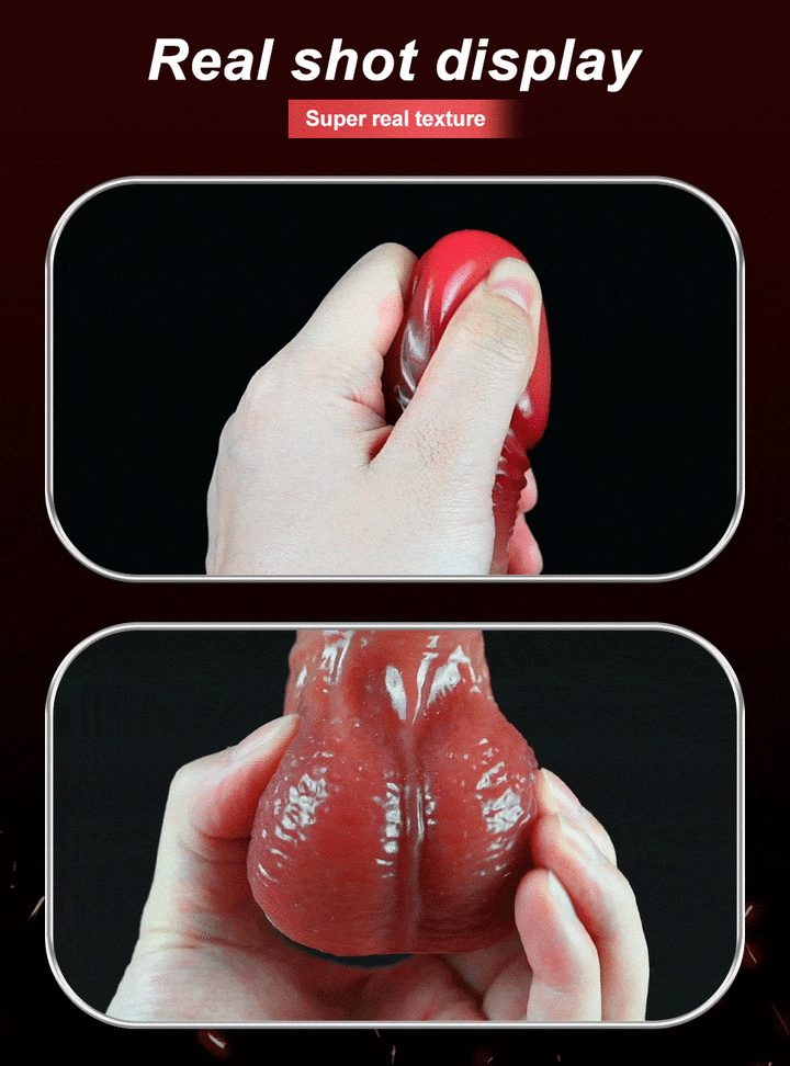 Hand hält rote Silikonpuppe